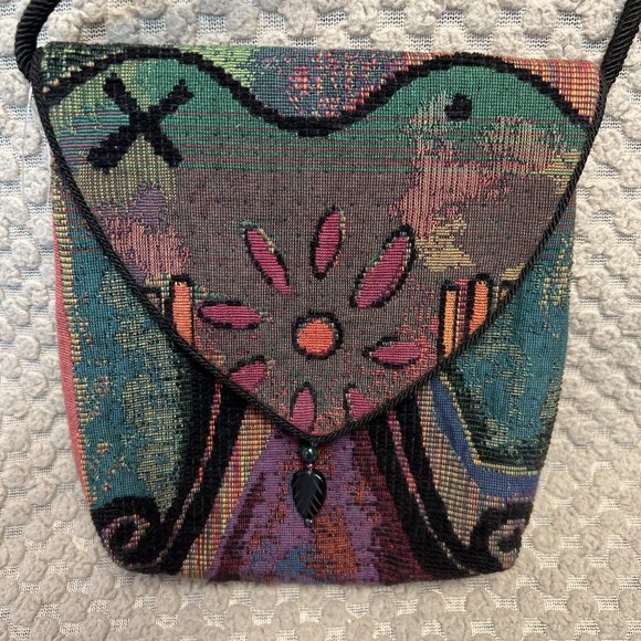 L O’Neill Tapestry Handbag Purse Magnetic Closure Black/Multi Bag - Picture 2 of 8